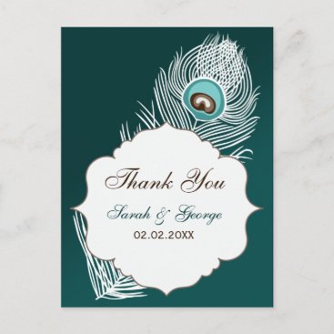 Elegant white and teal peacock Thank You Postcard