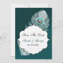 Elegant white and teal peacock the date save the date