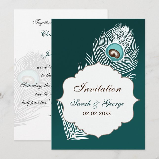Elegant white and teal peacock wedding invitation (Front/Back)