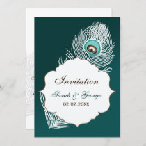 Elegant white and teal peacock wedding invitation