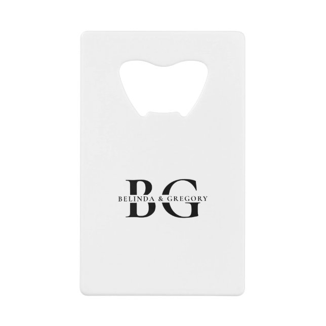 Elegant White and White Monogram Initials Wedding Credit Card Bottle Opener (Front)