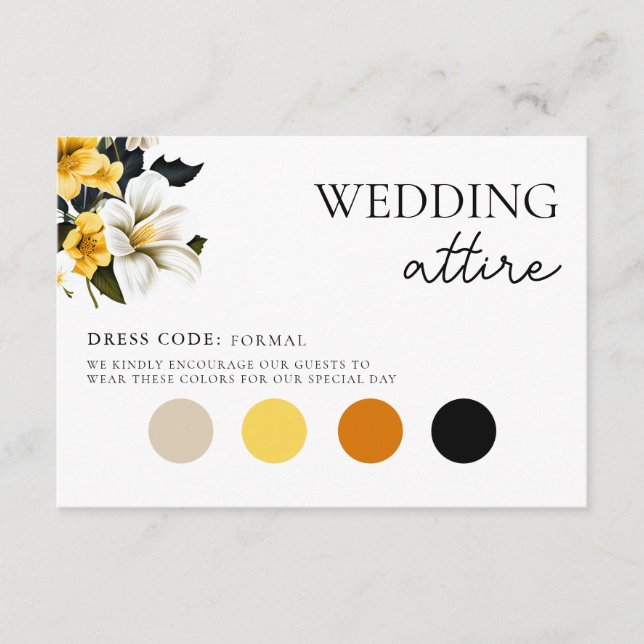 Elegant White and Yellow Floral Wedding Attire Enclosure Card (Front)