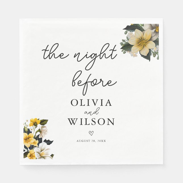Elegant White and Yellow Floral Wedding Cocktail Napkins (Front)