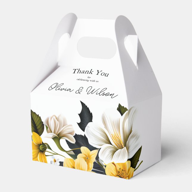 Elegant White and Yellow Floral Wedding Favor Boxes (Front Side)
