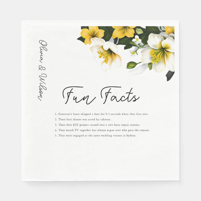 Elegant White and Yellow Floral Wedding Fun Facts Napkins (Front)