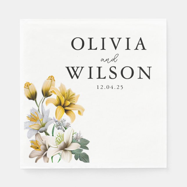 Elegant White and Yellow Floral Wedding Napkins (Front)