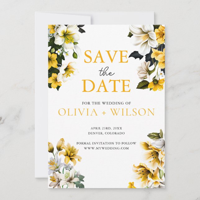 Elegant White and Yellow Floral Wedding Save The Date (Front)
