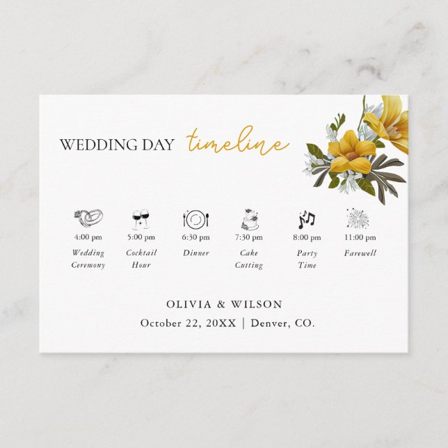 Elegant White and Yellow Floral Wedding Timeline Enclosure Card (Front)