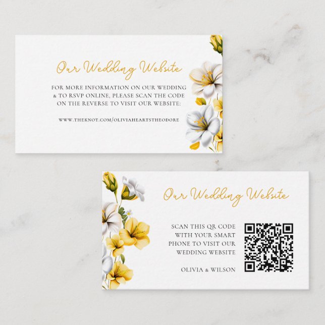 Elegant White and Yellow Floral Wedding Website QR Enclosure Card (Front/Back)