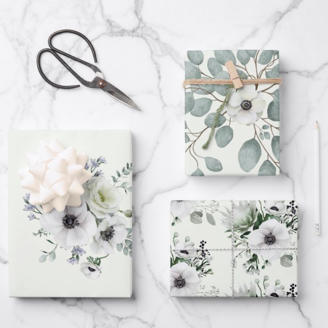 Elegant White Anemone Protea Eucalyptus Romantic Wrapping Paper Sheets (Front)