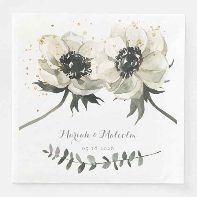 Elegant White Anemones Eucalyptus Stem Wedding Paper Dinner Napkins (Front)