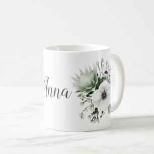 Elegant White Anemones Protea Eucalyptus Name Coffee Mug