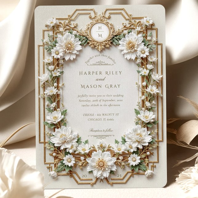 Elegant White Anemones with Faux Gold Invitation (Creator Uploaded)