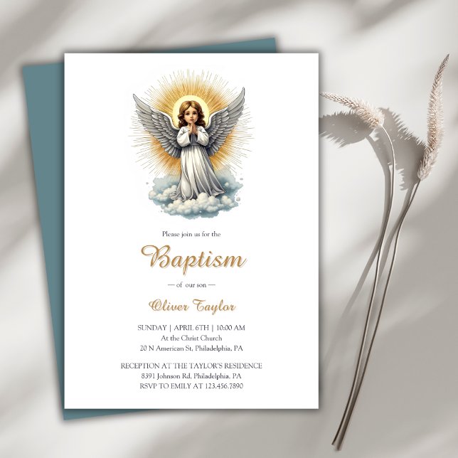 Elegant White Angel Religious Christian Baptism  Invitation (Elegant White Angel Religious Christian Baptism Invitation)