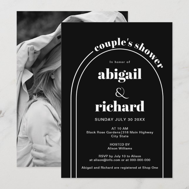 Elegant white arch black wedding couple's shower invitation (Front/Back)