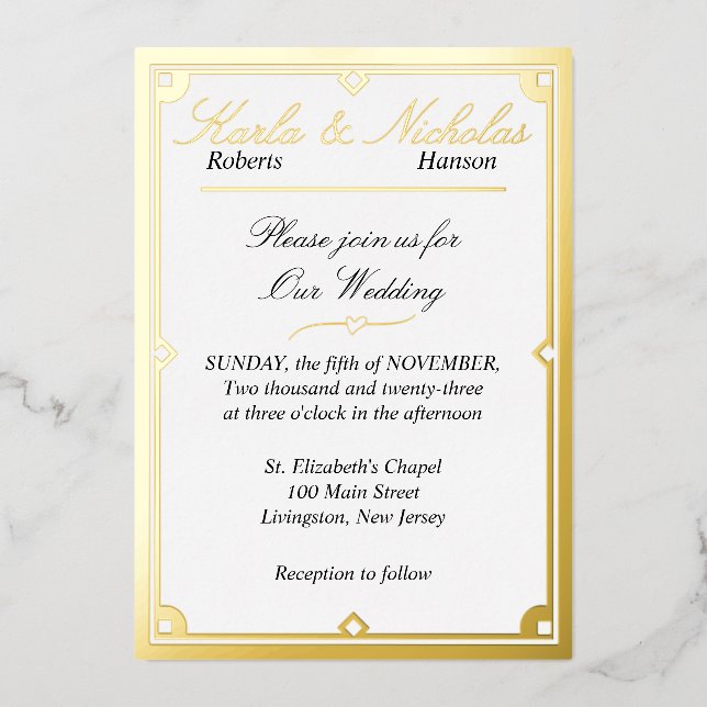 Elegant White Art Deco Wedding Foil Invitation (Front)
