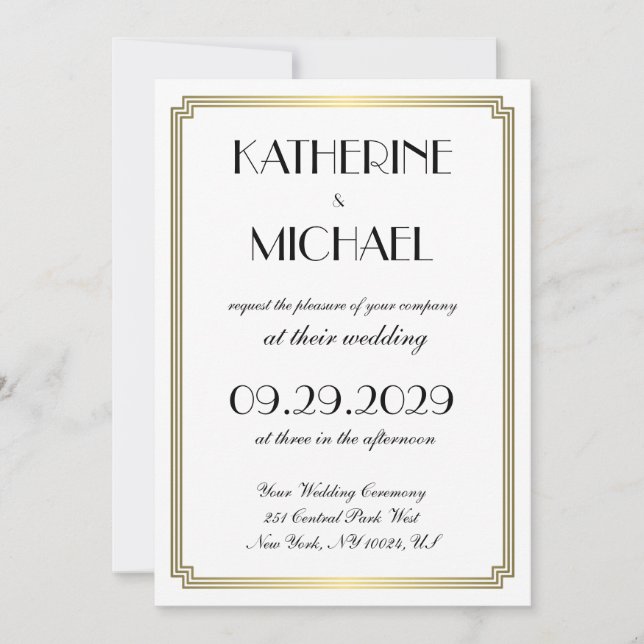 Elegant White Art Deco Wedding Invitations (Front)