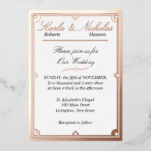 Elegant White Art Deco Wedding. Rose Gold Foil Inv Invitation