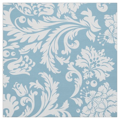 Elegant White  Baby Blue Floral Damasks Fabric