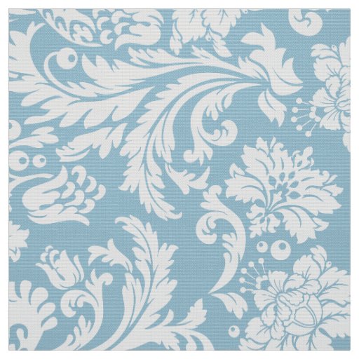 Elegant White & Baby Blue Floral Damasks Fabric