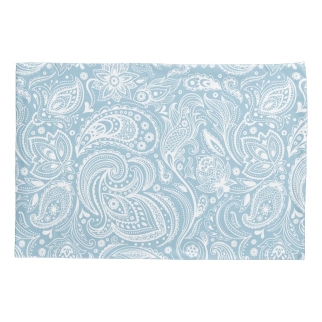 Elegant White & Baby Blue Floral Paisley Pattern Pillowcase (Back)