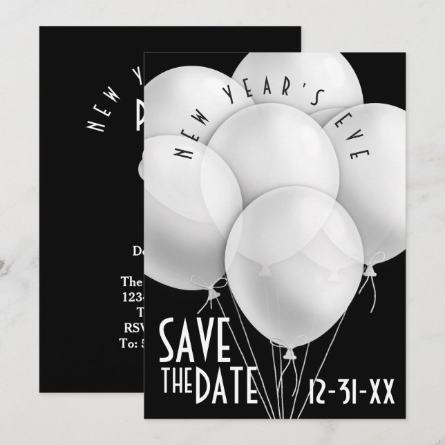 Elegant White Balloons New Year Party Invitation (Front/Back)