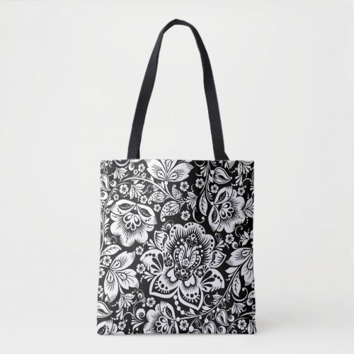 Elegant White Baroque Floral Damasks Pattern Tote Bag