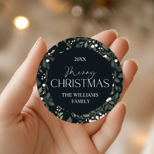 Elegant White Berries Botanical Personilized name Classic Round Sticker