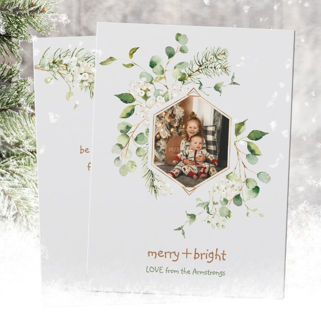 Elegant White Berry Hexagon Photo Watercolor Holiday Card (Watercolor White Berries Merry Bright Holiday Card ©Susanne Sachers - Sunny Mind Design 🌞)