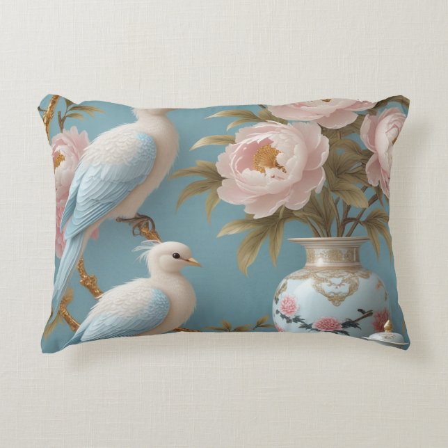 Elegant White Birds and Peonies on Golden Branches Accent Pillow (Front)