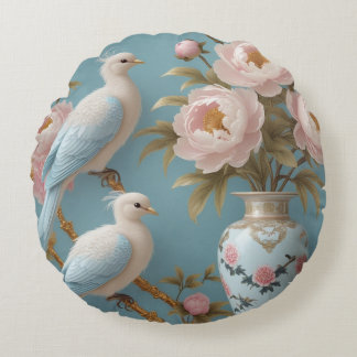 Elegant White Birds and Peonies on Golden Branches Round Pillow