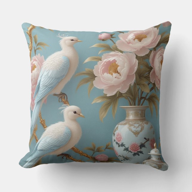 Elegant White Birds and Peonies on Golden Branches Throw Pillow (Front)