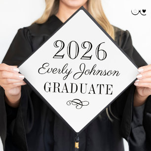 Elegant White Black 2026 Graduate Name Graduation Cap Topper