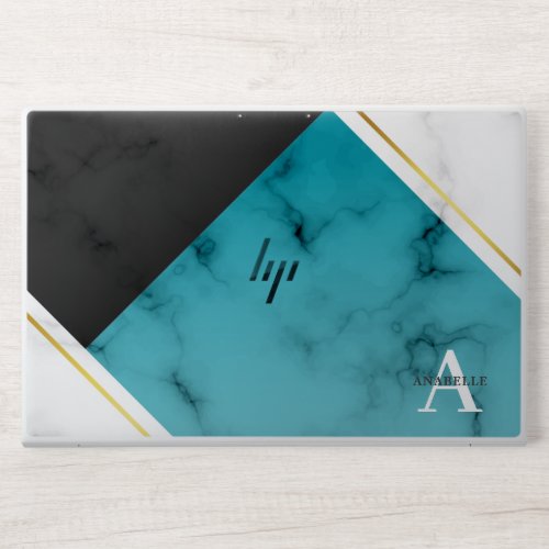 Elegant White Black and Blue Marble Monogram HP Laptop Skin