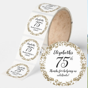 Elegant White Black and Gold 75th Birthday Classic Round Sticker