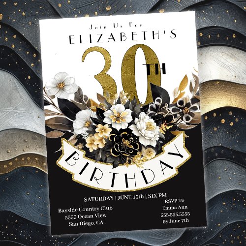 Elegant White Black and Gold Floral 30th Birthday Invitation