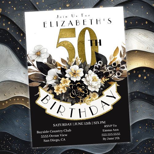 Elegant White Black and Gold Floral 50th Birthday Invitation