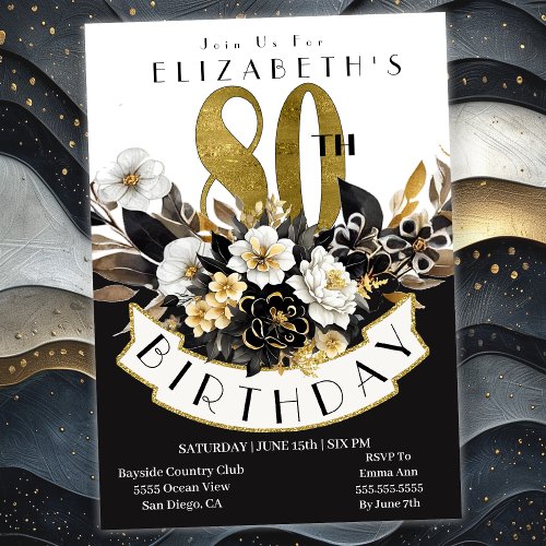 Elegant White Black and Gold Floral 80th Birthday Invitation