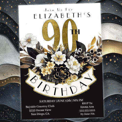 Elegant White Black and Gold Floral 90th Birthday Invitation