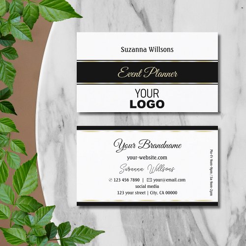 Elegant White Black and Gold Stripes with Logo Business Card