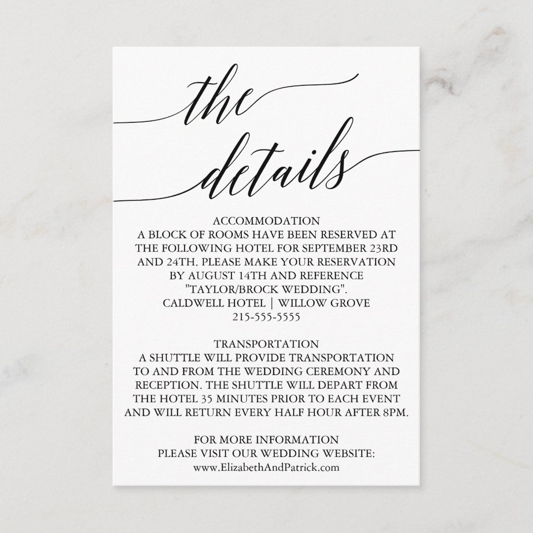 Elegant White & Black Calligraphy Details Card | Zazzle