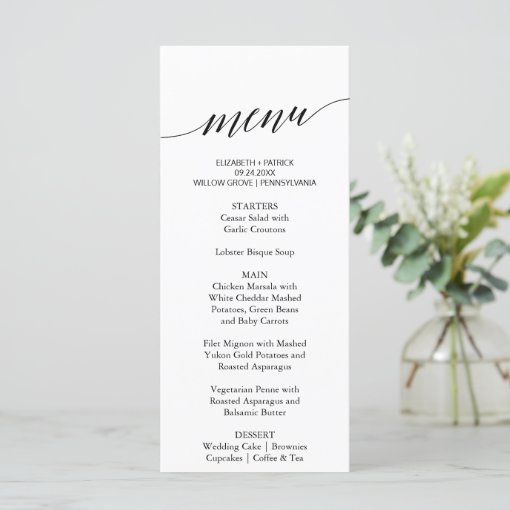 Elegant White & Black Calligraphy Dinner Menu Card | Zazzle