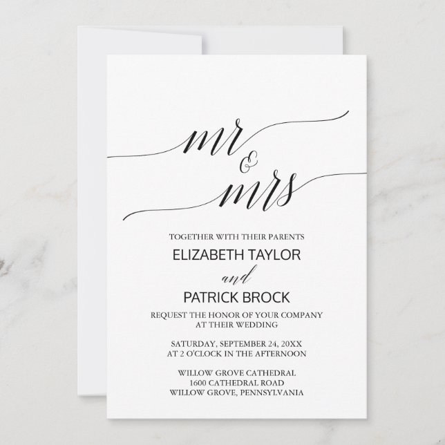 Elegant White Black Calligraphy "Mr & Mrs" Wedding Invitation (Front)