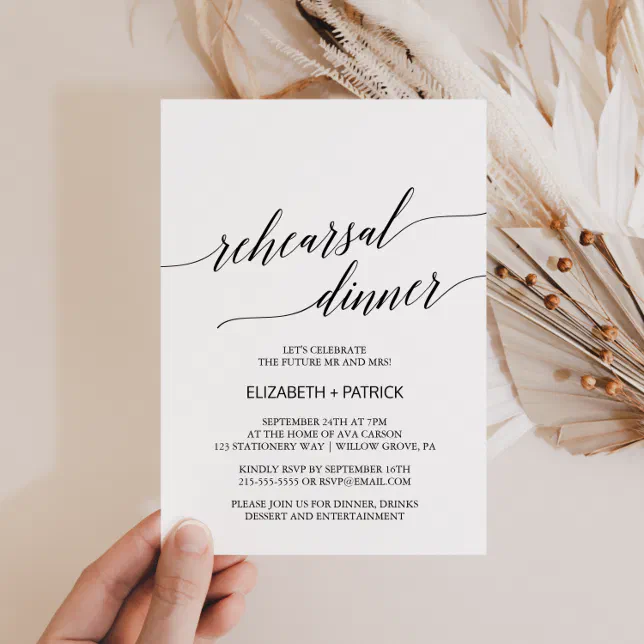 Elegant White & Black Calligraphy Rehearsal Dinner Invitation | Zazzle