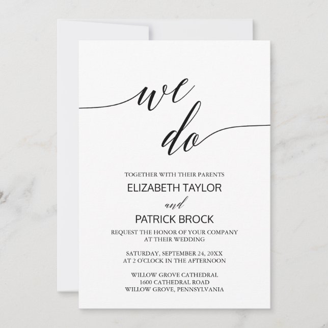 Elegant White Black Calligraphy "We Do" Wedding Invitation (Front)