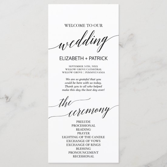 Elegant White & Black Calligraphy Wedding Program