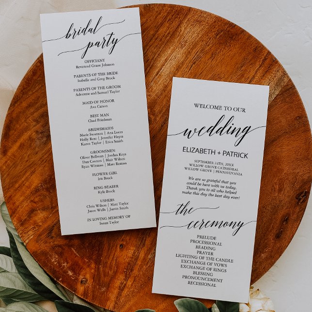 Elegant White & Black Calligraphy Wedding Program (Creator Uploaded)
