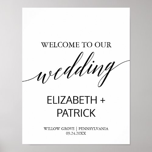 Elegant White  Black Calligraphy Wedding Welcome Poster
