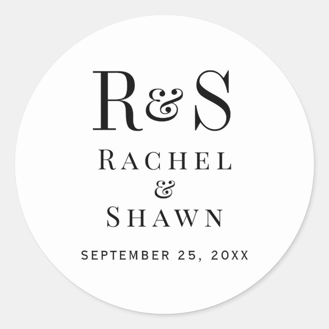 Elegant White & Black Chic Modern Monogram Wedding Classic Round Sticker (Front)