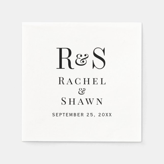 Elegant White & Black Chic Modern Monogram Wedding Napkins (Front)